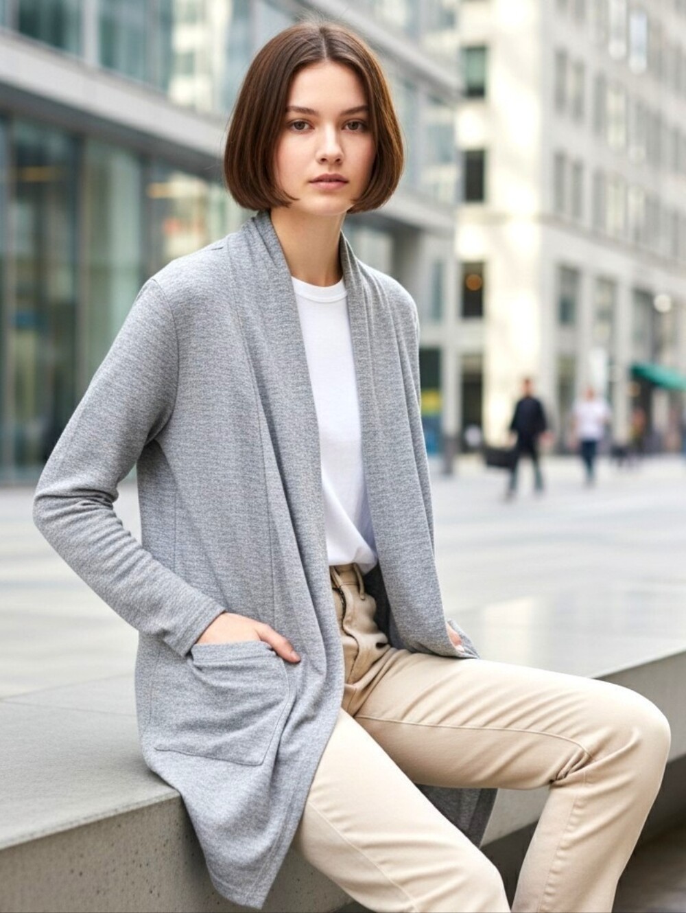 LOFT Heather Gray Open Front Plush Knit Cardigan Long Sleeves Pockets Size Large